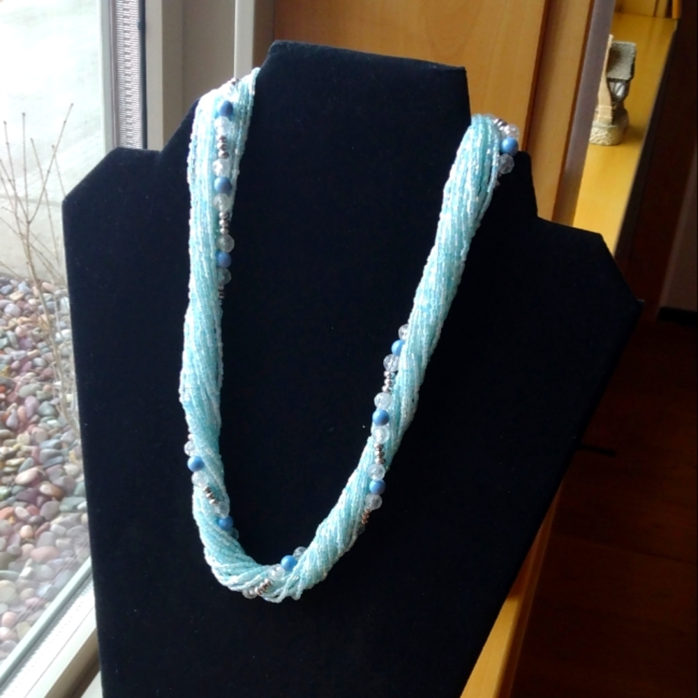 Vintage Glass Bead Multi Strand Necklace in a beautiful ice blue hue